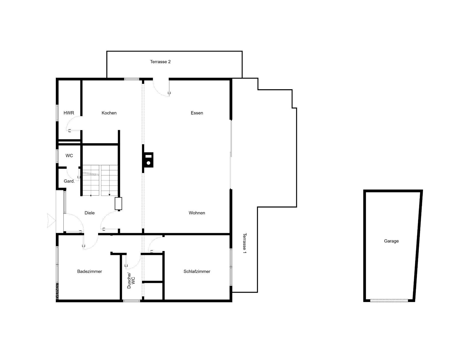 Grundriss eines Hauses mit Küche, Bad, Schlafzimmer, Wohnzimmer, Esszimmer und separater Garage.