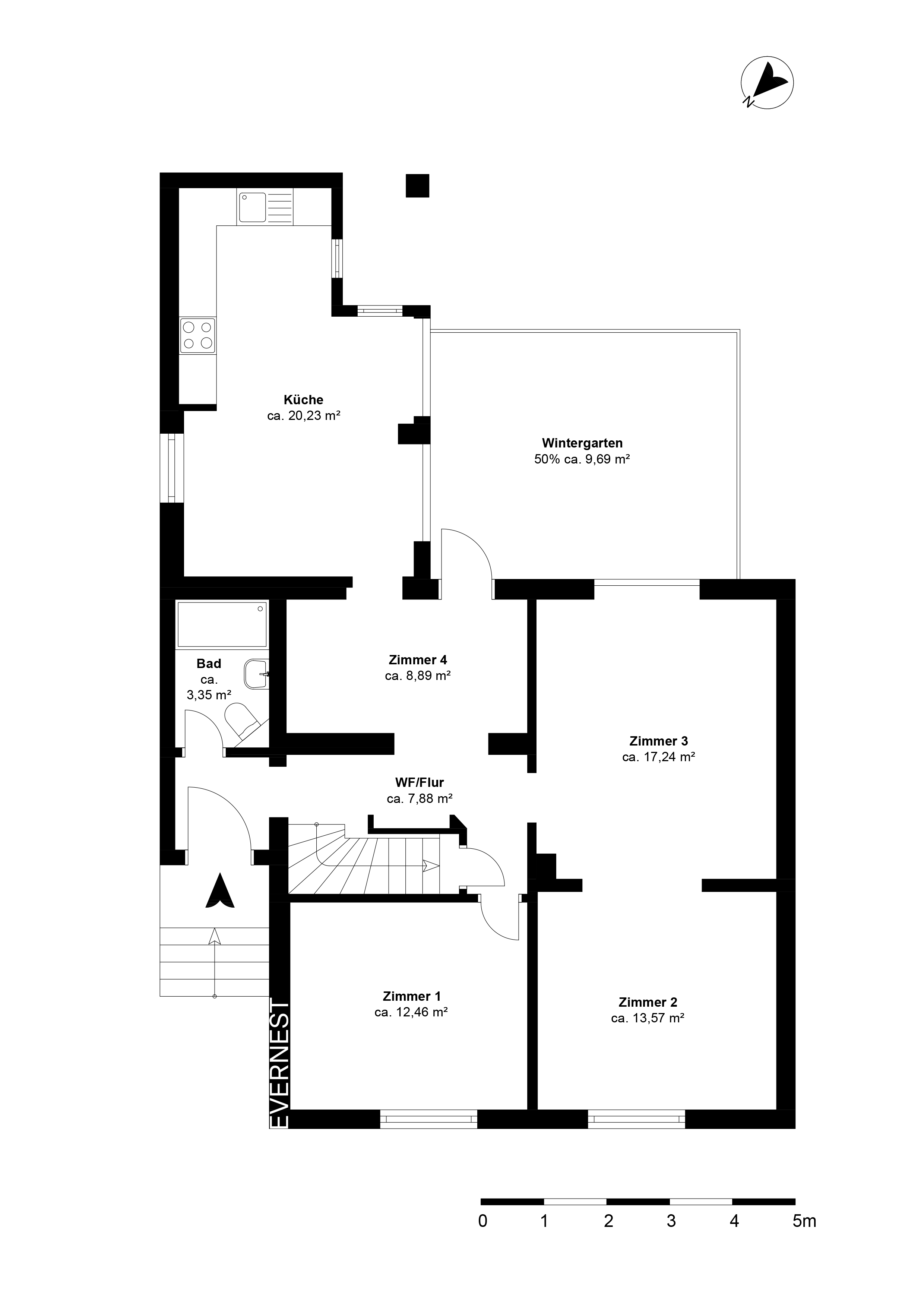 Grundriss einer Wohnung mit vier Zimmern, Küche, Bad, Wintergarten und Flur.