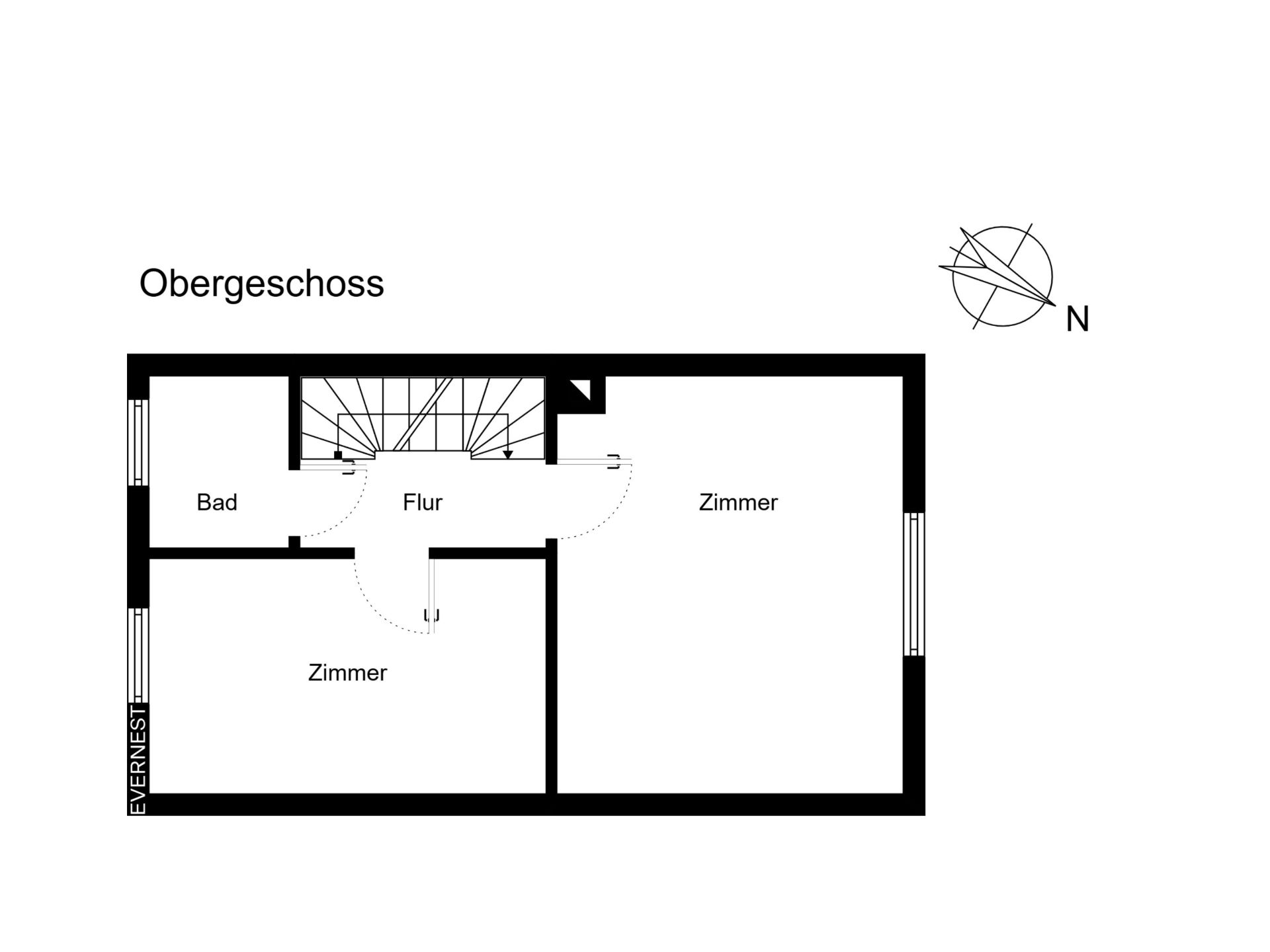 Grundriss des Obergeschosses mit Flur, Bad und zwei Zimmern.