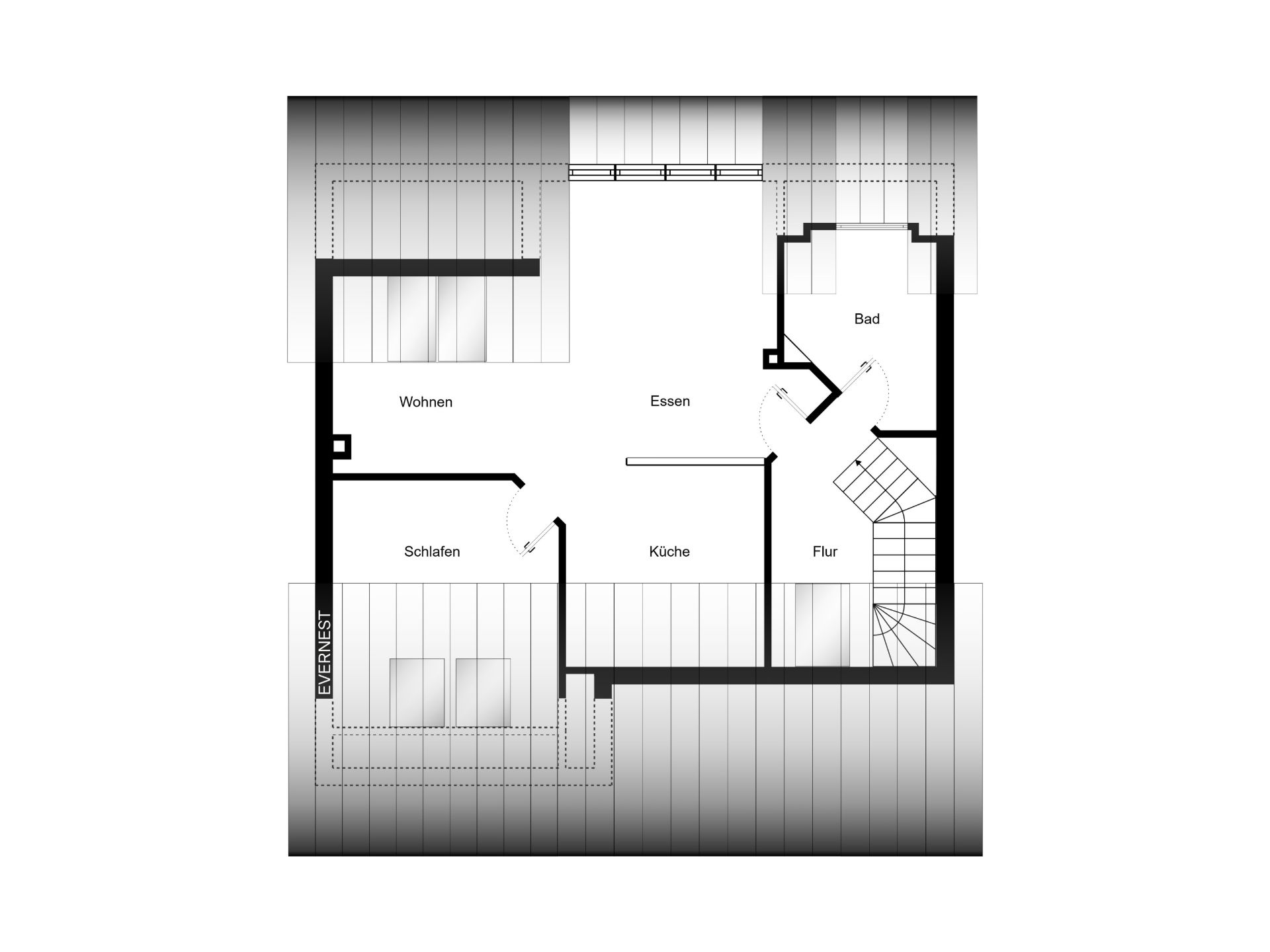 Grundriss mit Wohn-, Schlaf-, Esszimmer, Küche, Bad und Flur, Treppe rechts.