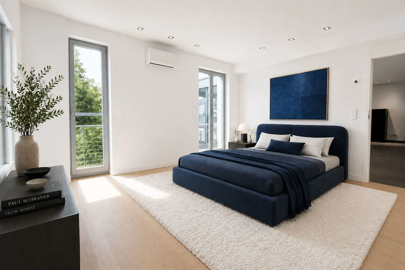 Modernes Schlafzimmer mit blauem Bett, großem Fenster und heller Einrichtung.