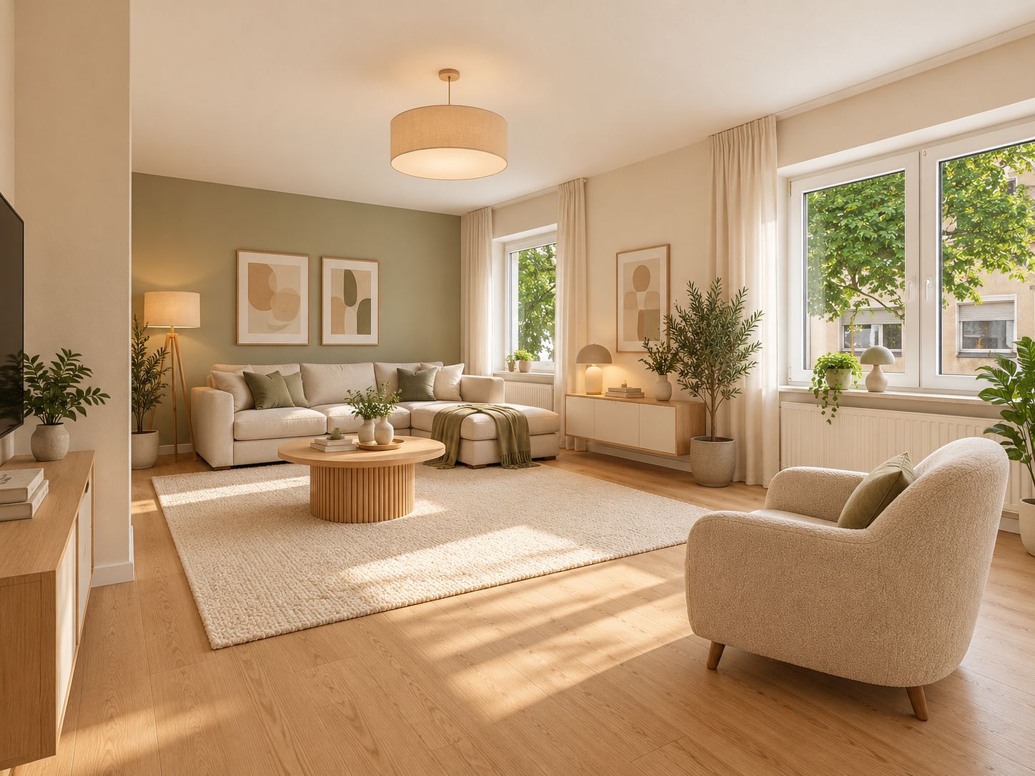 Helles Wohnzimmer mit großem Teppich, Sofa, Sessel, Pflanzen und großen Fenstern.