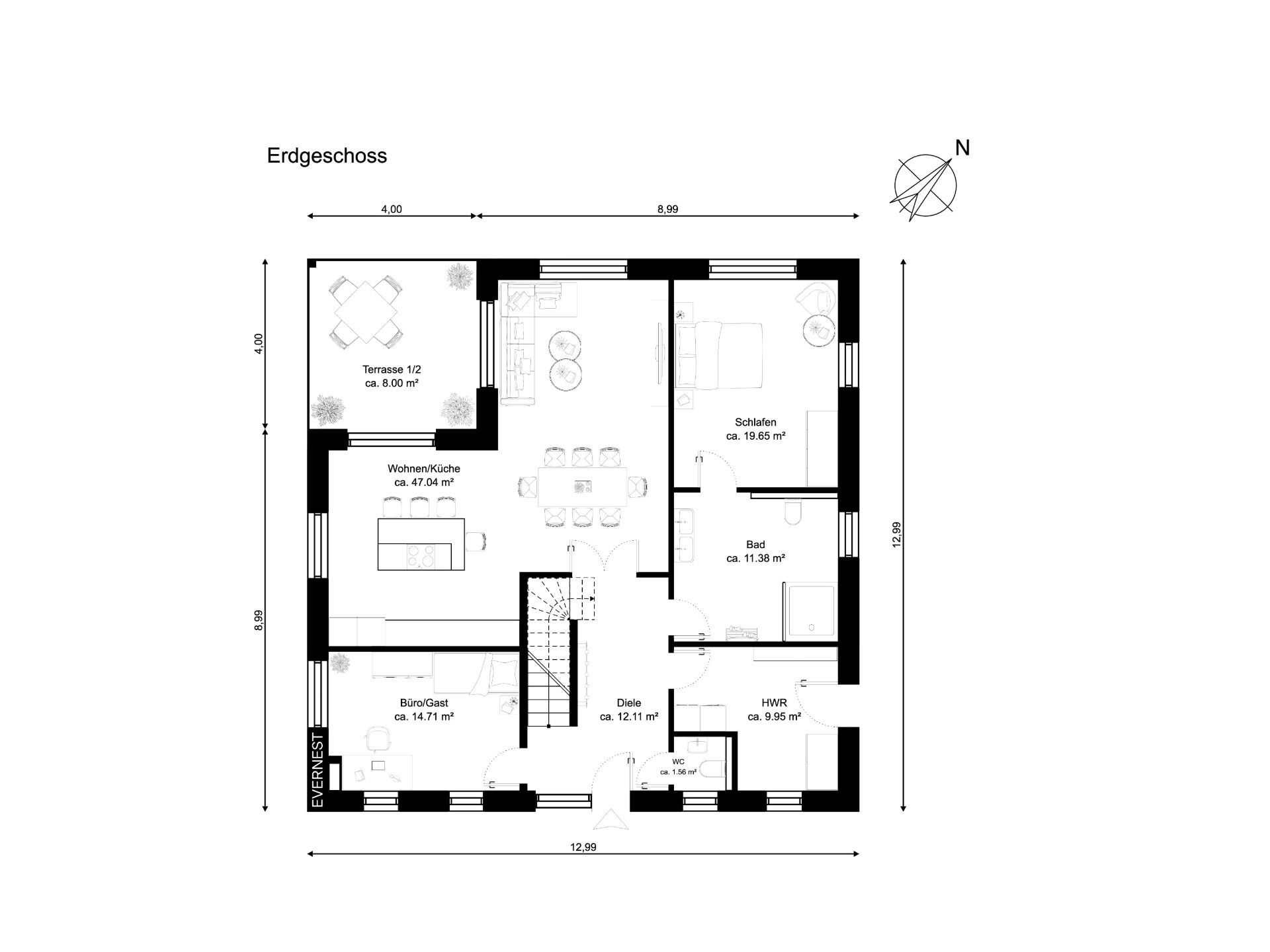 Grundriss vom Erdgeschoss mit Wohnküche, Schlafzimmer, Bad, Büro/Gastzimmer und Terrasse.