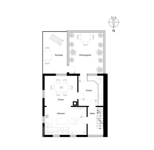 Grundriss mit Wohnzimmer, Essbereich, Küche, Diele, Terrasse und Wintergarten.