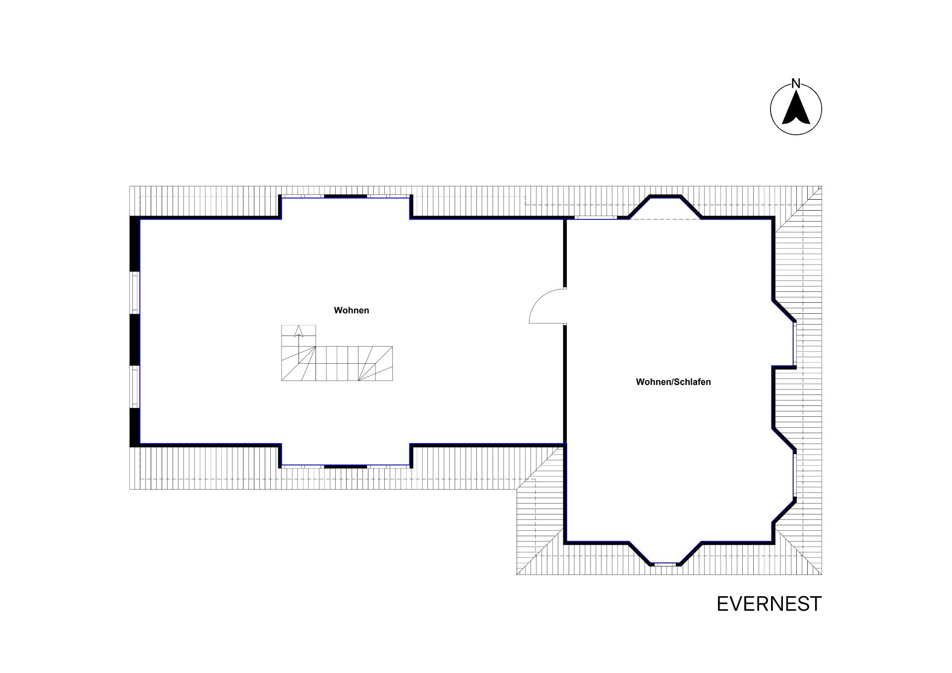 Grundriss mit zwei Räumen, einer Treppe und Markierungen für Wohnen und Wohnen/Schlafen.
