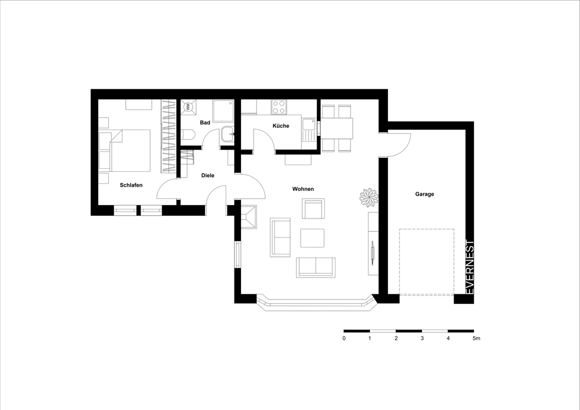 Grundriss einer Wohnung mit Schlafzimmer, Bad, Küche, Wohnzimmer, Diele und Garage.