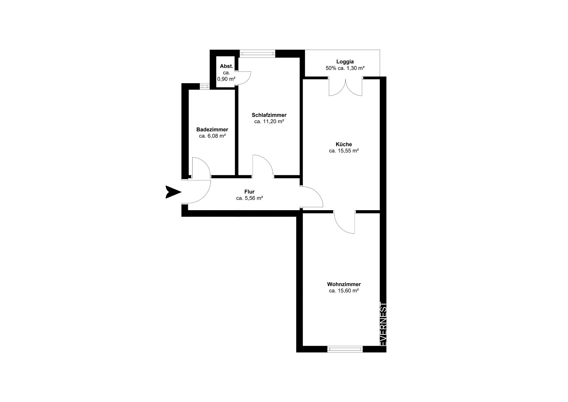 Grundriss einer Wohnung mit Wohnzimmer, Schlafzimmer, Küche, Bad, Flur, Abstellraum und Loggia.