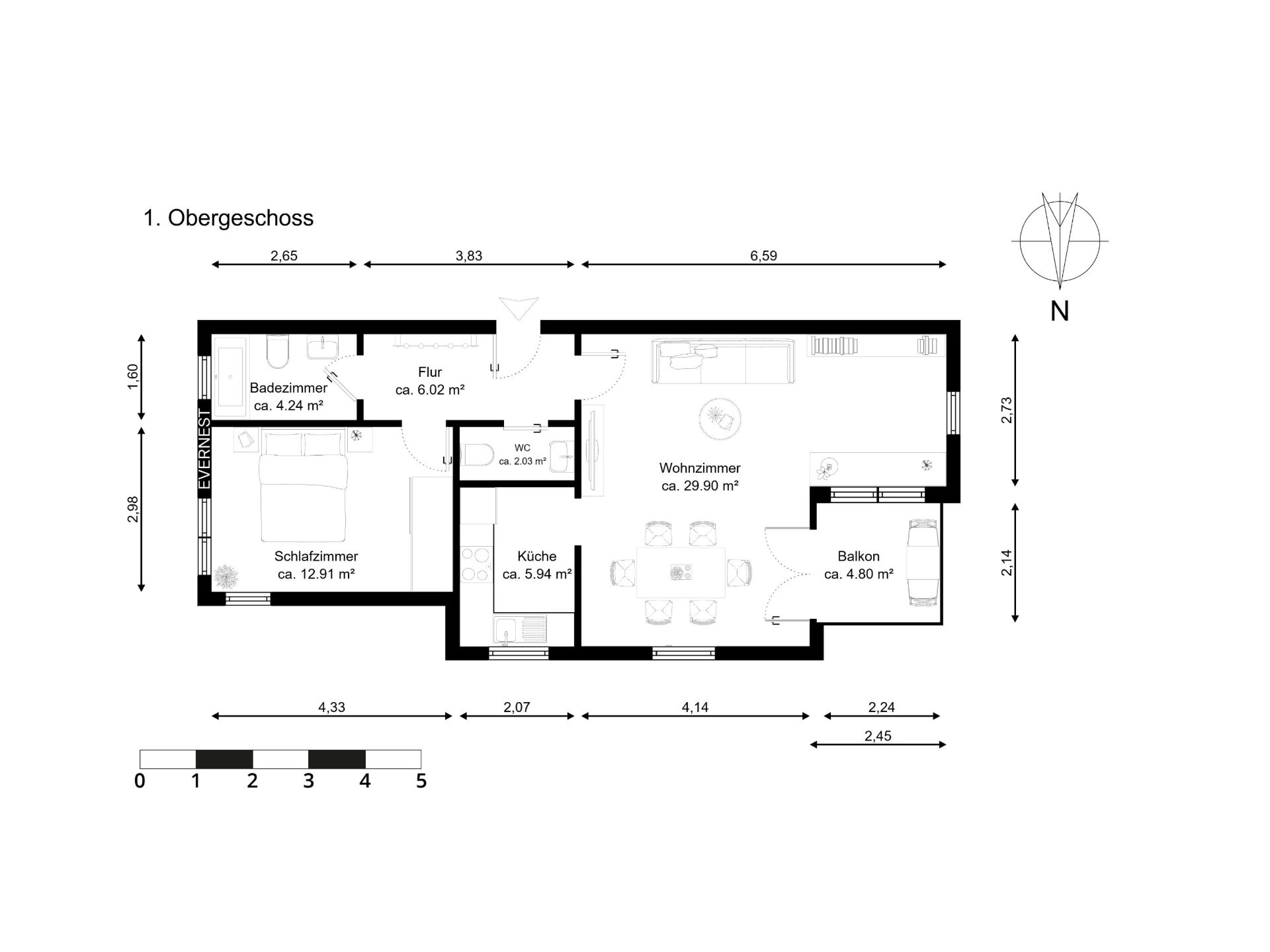 Grundriss einer Wohnung mit Wohnzimmer, Schlafzimmer, Küche, Bad, WC, Flur und Balkon.