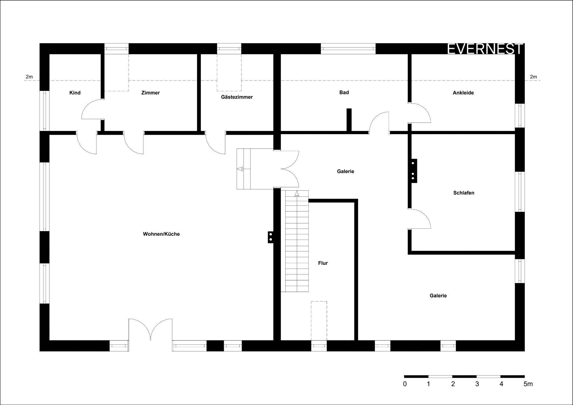 Grundriss mit Räumen wie Wohnen/Küche, Kind, Zimmer, Gästezimmer, Bad, Ankleide und Schlafen.