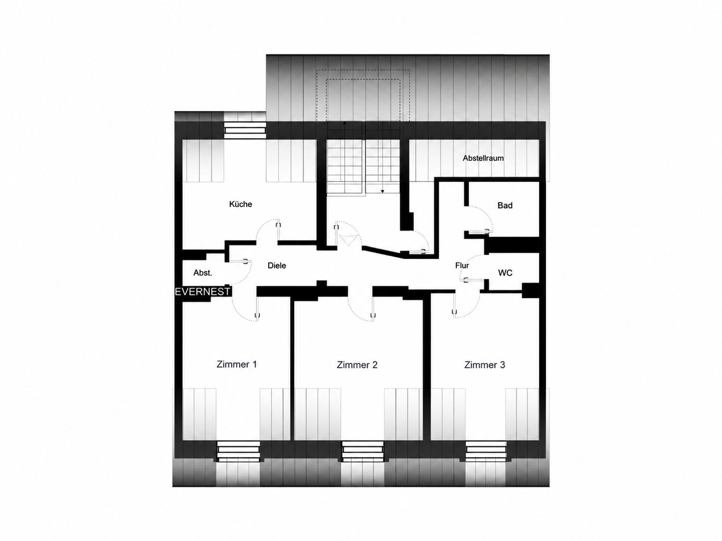 Grundriss mit drei Zimmern, Küche, Bad, WC, Flur und Abstellräumen.
