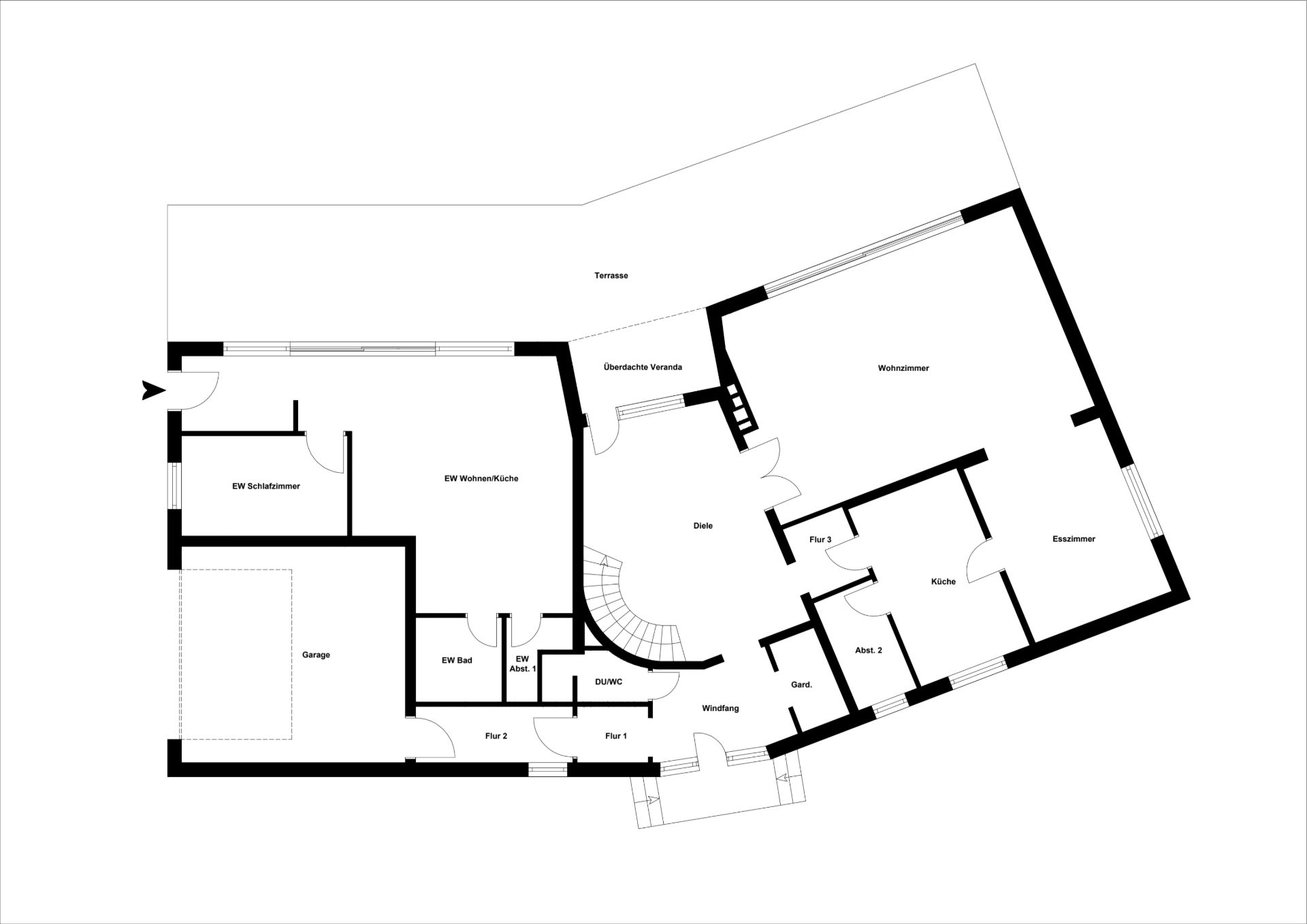 Grundriss eines Wohnhauses mit Wohnzimmer, Garage, Küche und mehreren Zimmern.