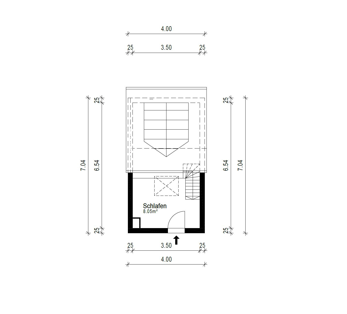 Grundriss eines Schlafzimmers mit 8,05 m² und einer Treppe.