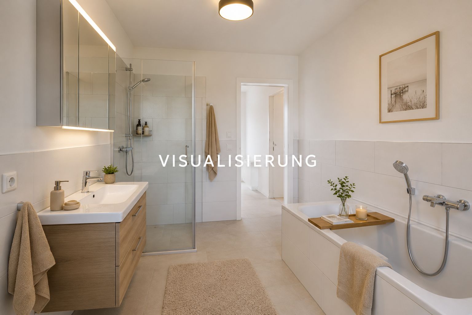 Modernes Badezimmer mit Dusche, Badewanne, Waschbecken und Wandbild.