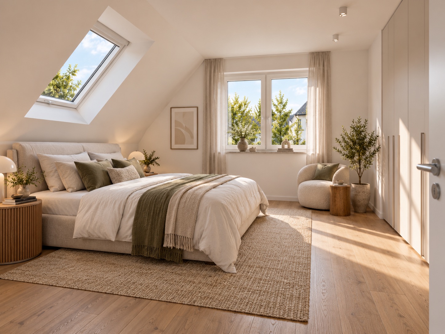 Helles Schlafzimmer mit Doppelbett, Fenster, Sessel und Pflanzen auf Holzfußboden.