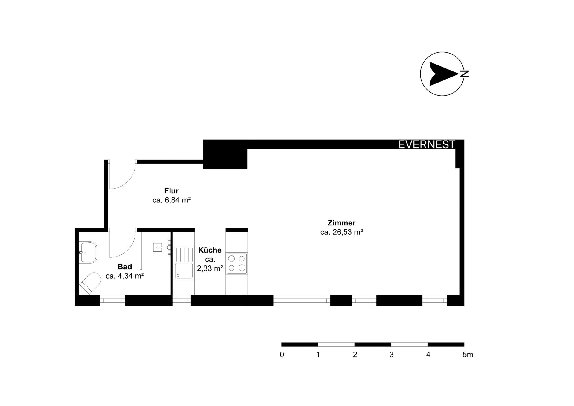 Grundriss einer Wohnung mit Flur, Bad, Küche und großem Zimmer.