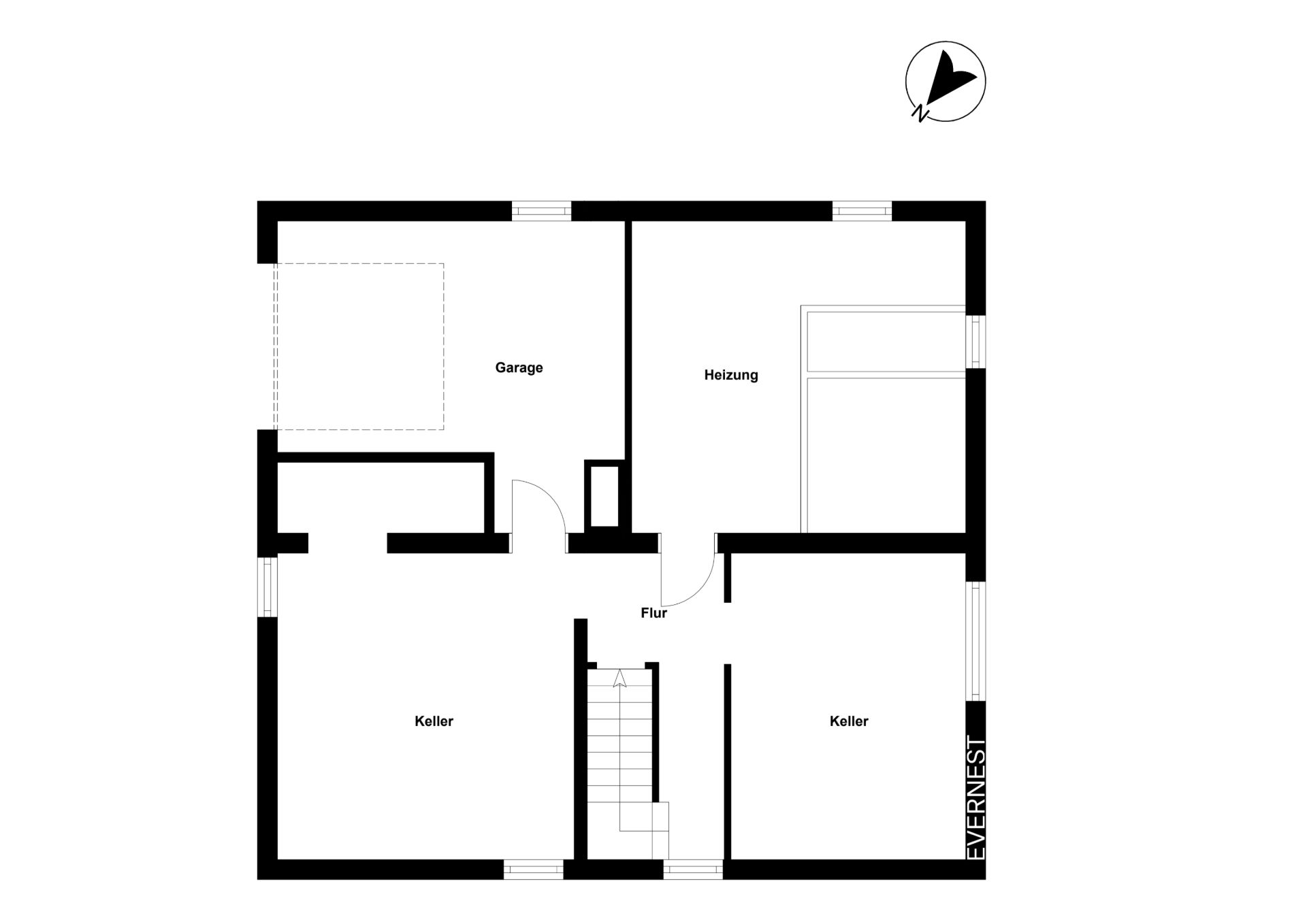 Grundriss mit Garage, Heizungsraum, Flur und zwei Kellerräumen.