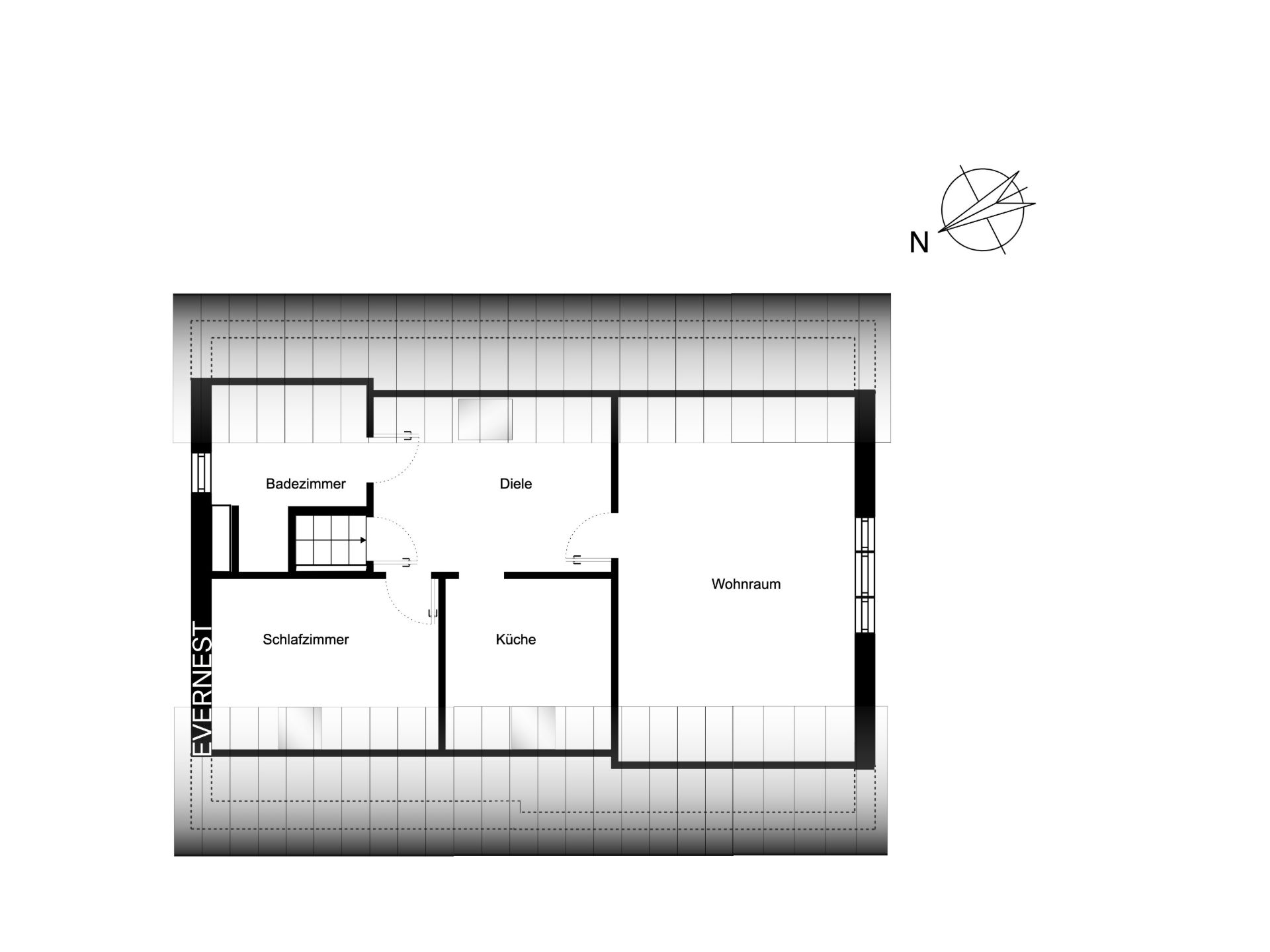 Grundriss mit Schlafzimmer, Badezimmer, Diele, Küche und Wohnraum.