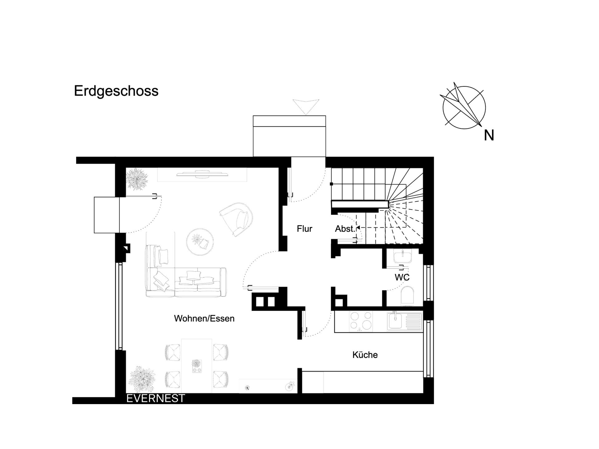 Grundriss des Erdgeschosses mit Wohnzimmer, Küche, Flur, WC und Abstellraum.