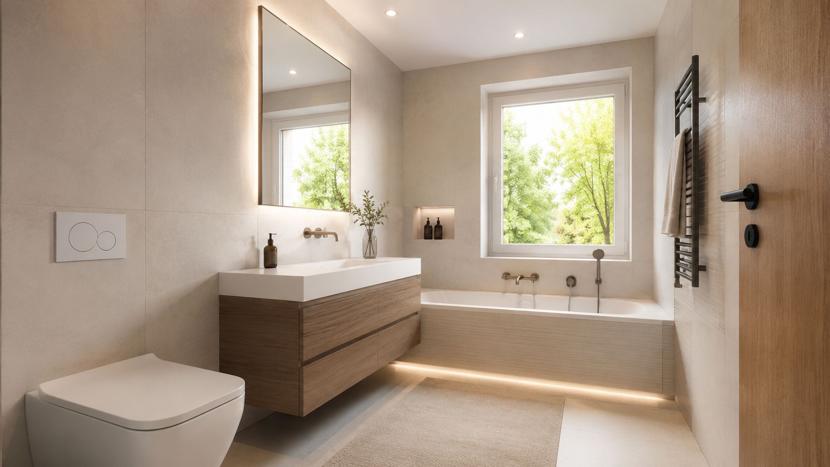 Modernes Badezimmer mit Waschtisch, Spiegel, Toilette und Badewanne mit Fenster.