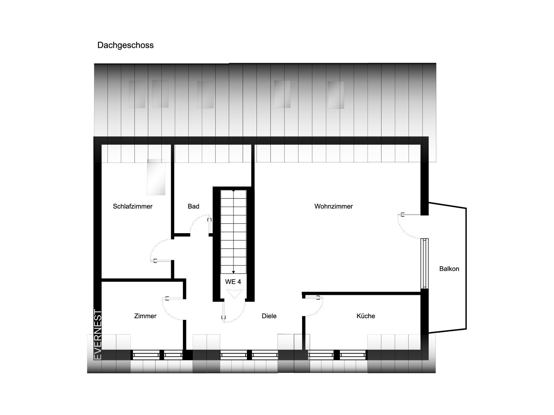 Grundriss einer Wohnung mit Schlafzimmer, Zimmer, Bad, Diele, Wohnzimmer, Küche und Balkon.