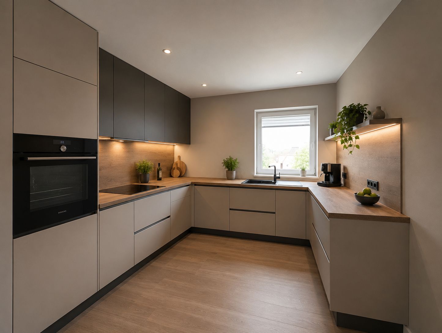 Moderne, helle Einbauküche mit Holzboden, Fenster und Pflanzen auf der Arbeitsplatte.