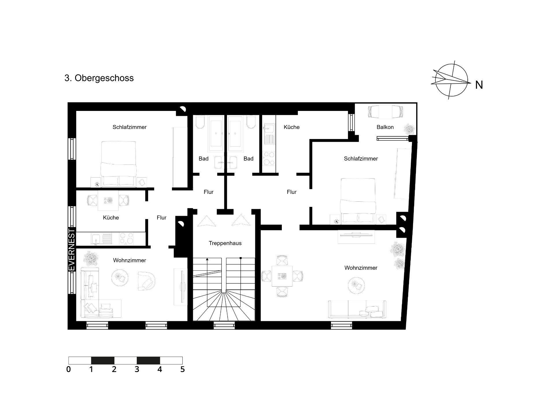 Grundriss eines Wohngebäudes mit zwei Schlafzimmern, zwei Küchen, zwei Bädern, Wohnzimmern und Balkon.