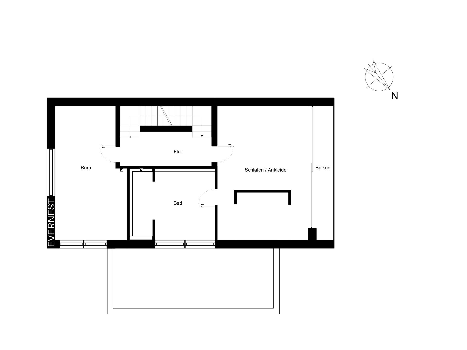 Grundriss mit Büro, Flur, Bad, Schlafen/Ankleide und Balkon.