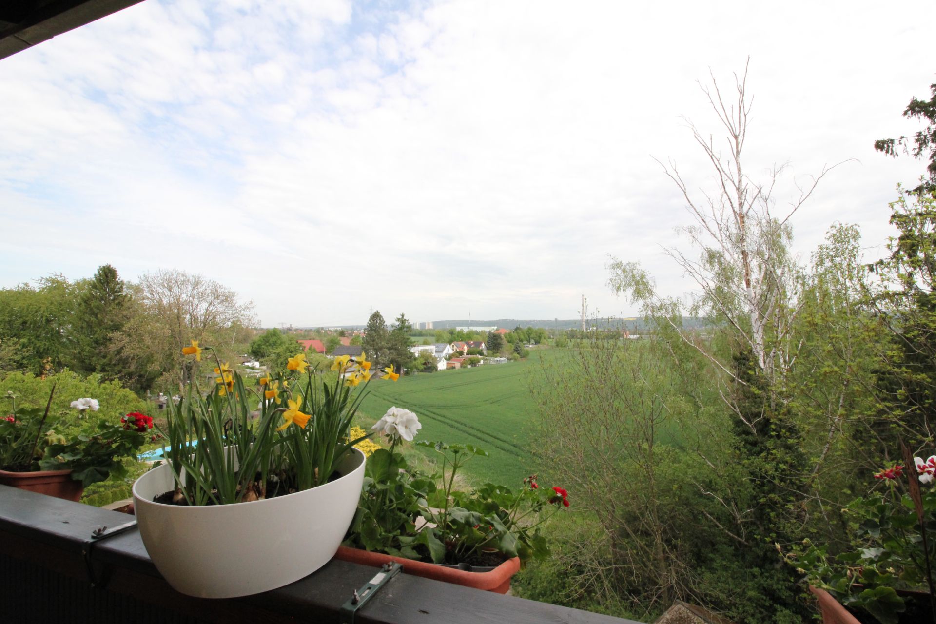 Blick von einem Balkon mit Blumenkästen auf grüne Felder und Bäume.