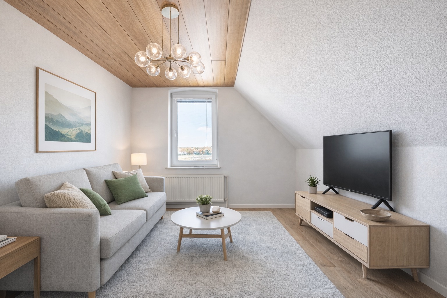 Helles Wohnzimmer mit Sofa, Couchtisch, TV, Sideboard und Fenster unter Dachschräge.