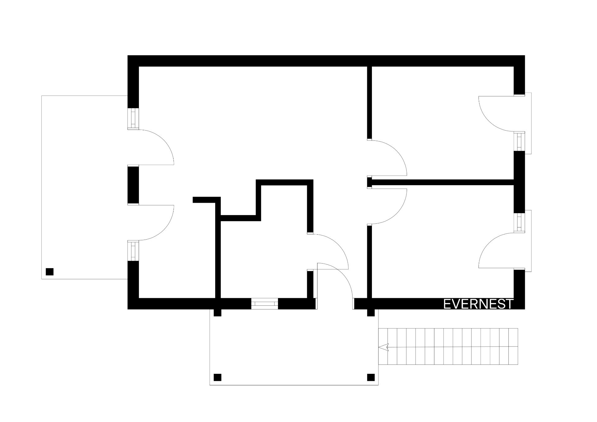 Schwarz-weißer Grundriss eines Wohnhauses mit mehreren Zimmern und Türen.