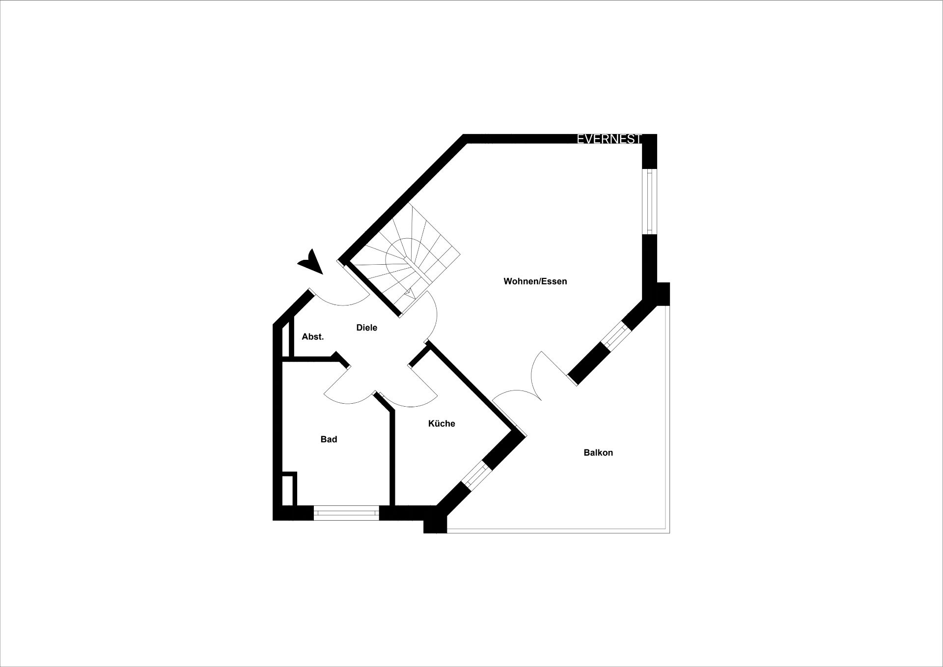 Grundriss einer Wohnung mit Diele, Bad, Abstellraum, Küche, Wohn-/Essbereich und Balkon.