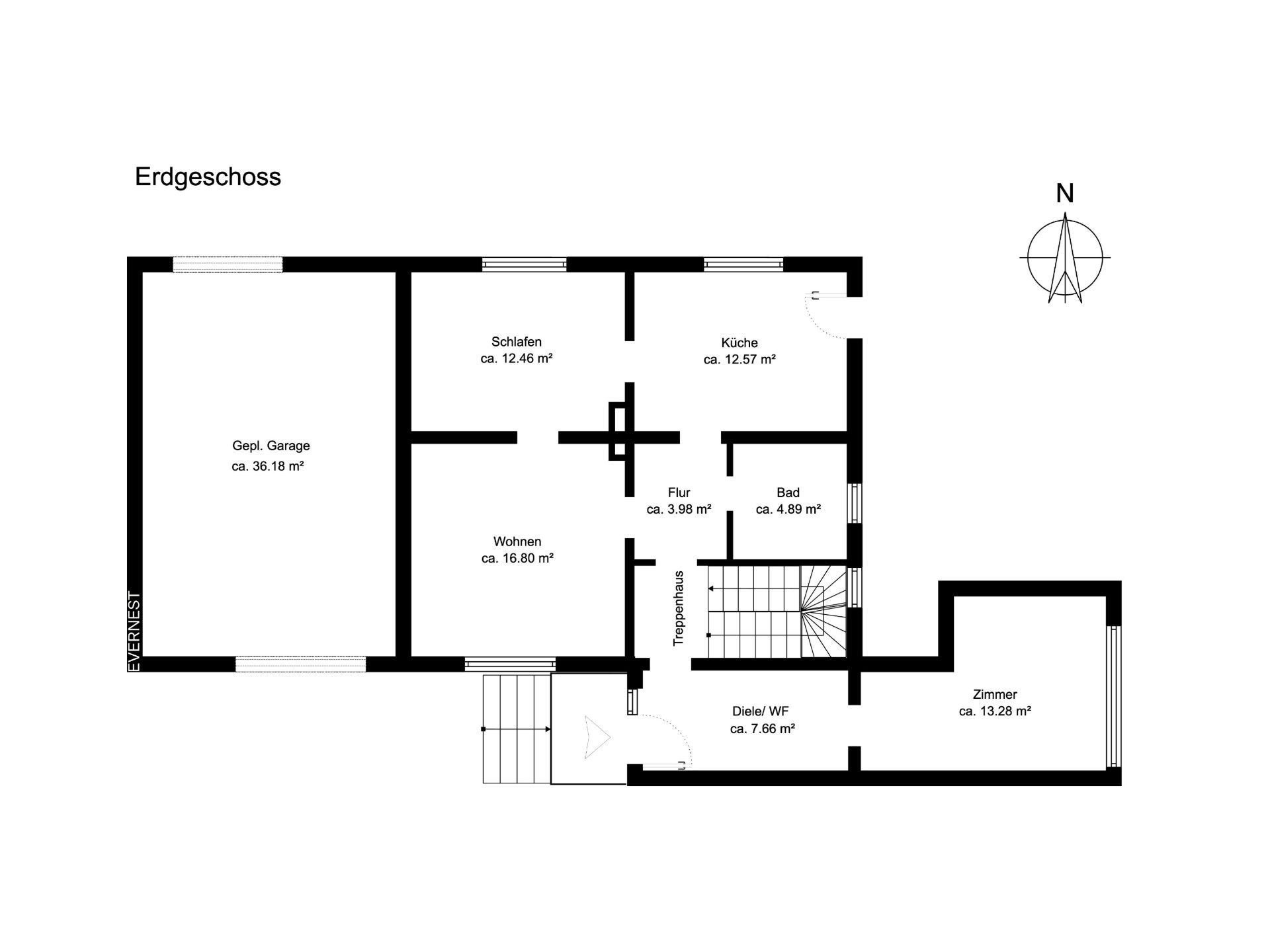 Grundriss des Erdgeschosses mit Garage, Schlafzimmer, Küche, Bad, Wohnzimmer und weiterem Zimmer.