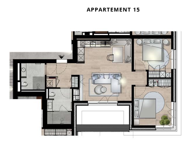 Grundriss einer Wohnung mit Wohnzimmer, Küche, zwei Schlafzimmern und zwei Badezimmern.