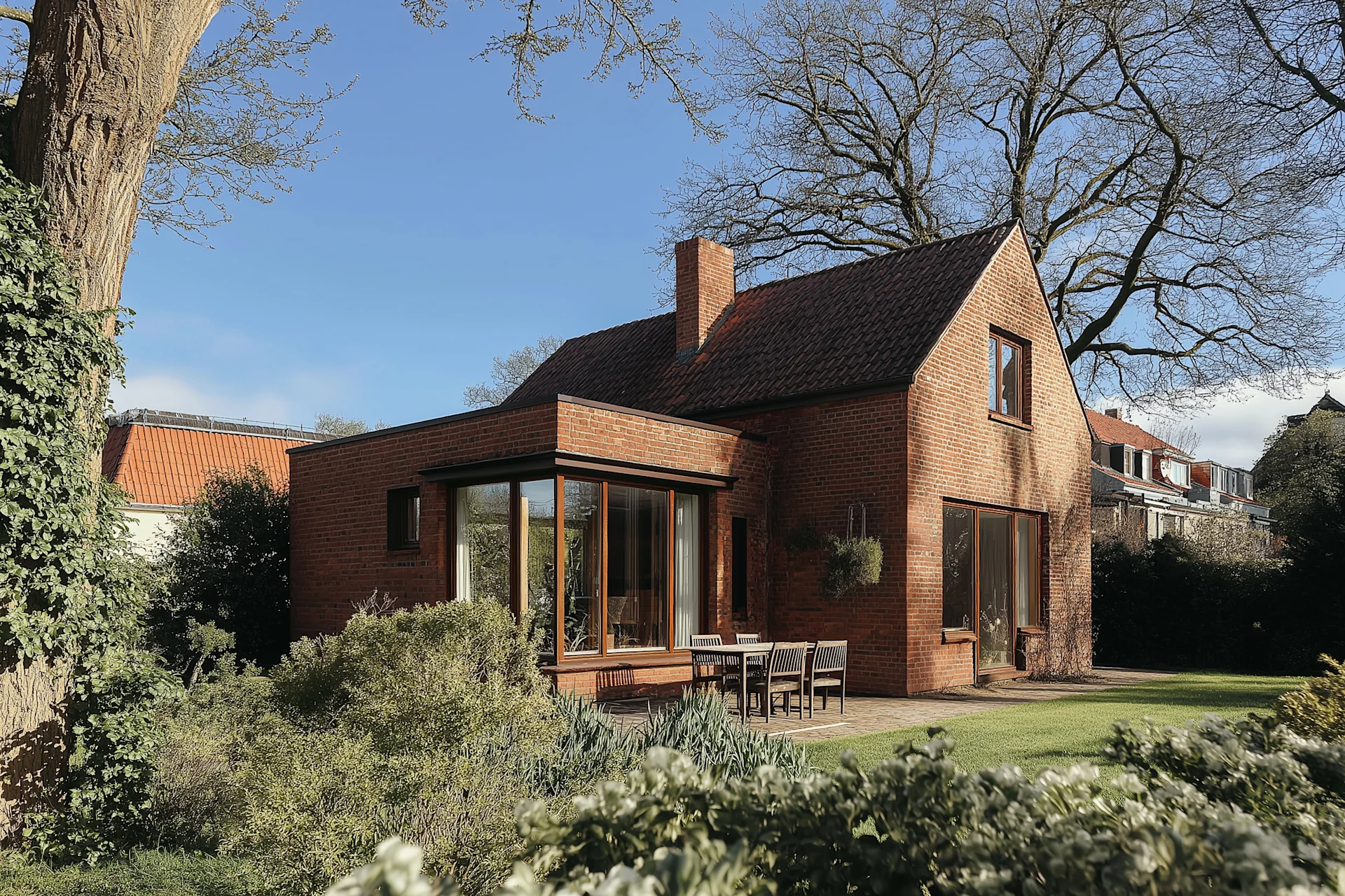 Modernes Einfamilienhaus mit großem Fenster, Holzgarage und Garten, Bäume im Hintergrund.