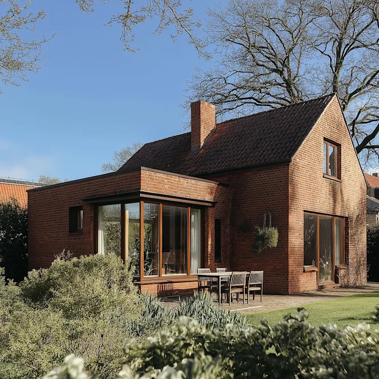 Modernes Einfamilienhaus mit großem Fenster, Holzgarage und Garten, Bäume im Hintergrund.