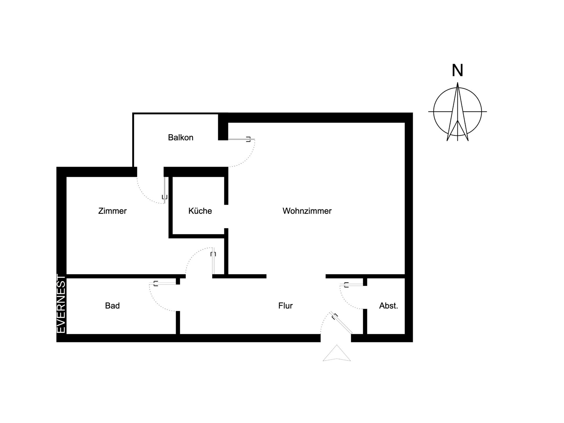 Wohnungsgrundriss mit Zimmer, Bad, Küche, Wohnzimmer, Flur, Abstellraum und Balkon.