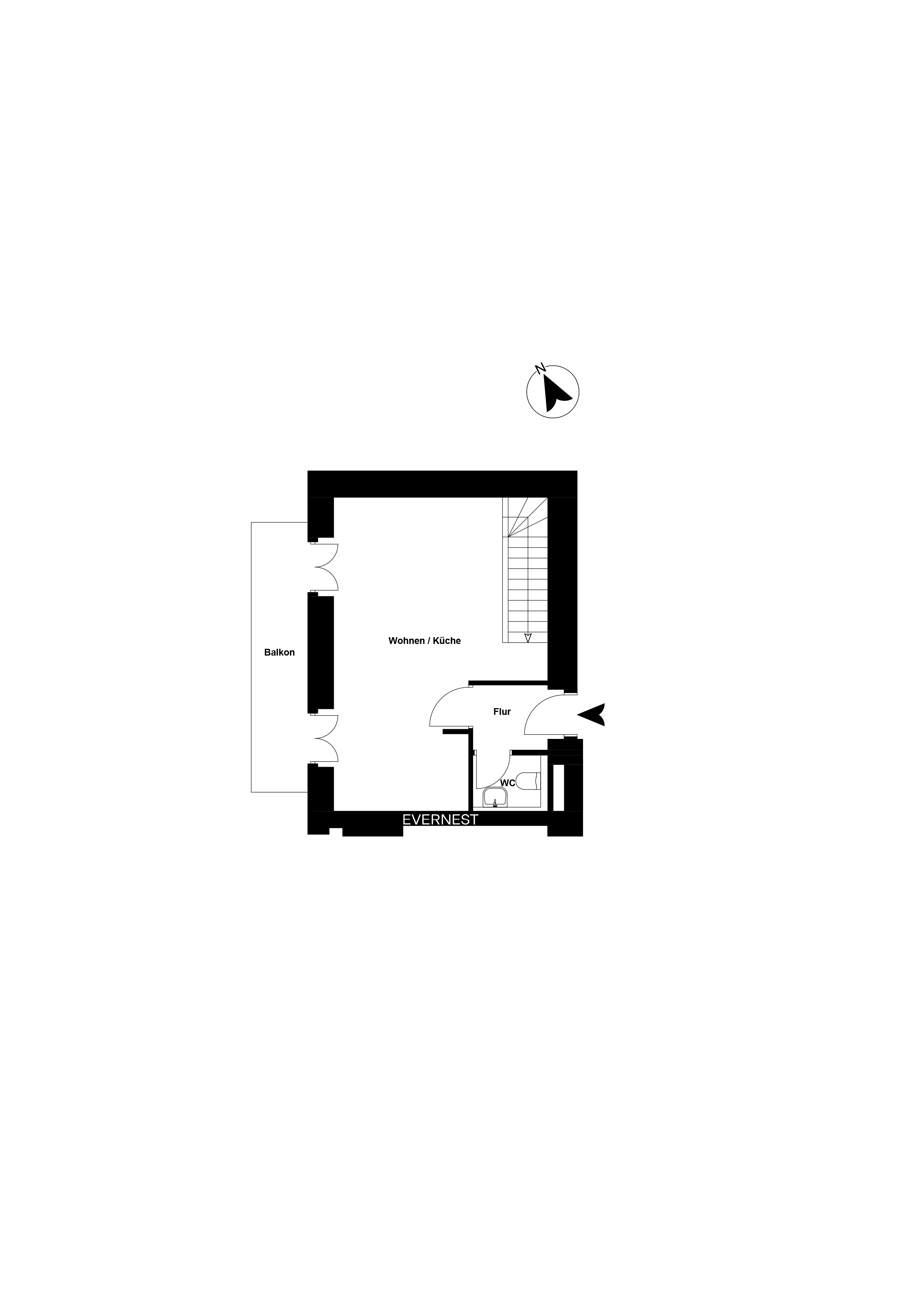 Wohnungsgrundriss mit Wohnküche, Flur, WC und Balkon.