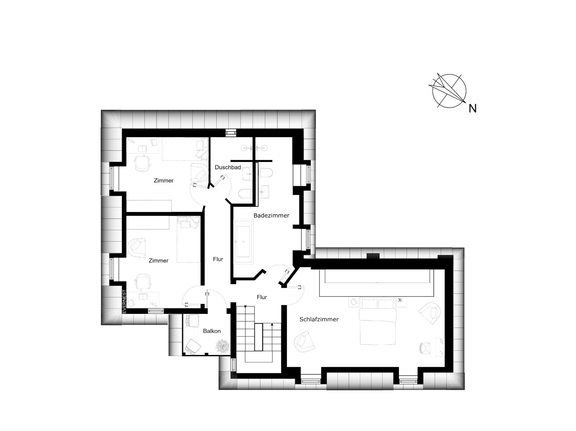 Grundriss mit drei Zimmern, zwei Badezimmern, Flur und Balkon.