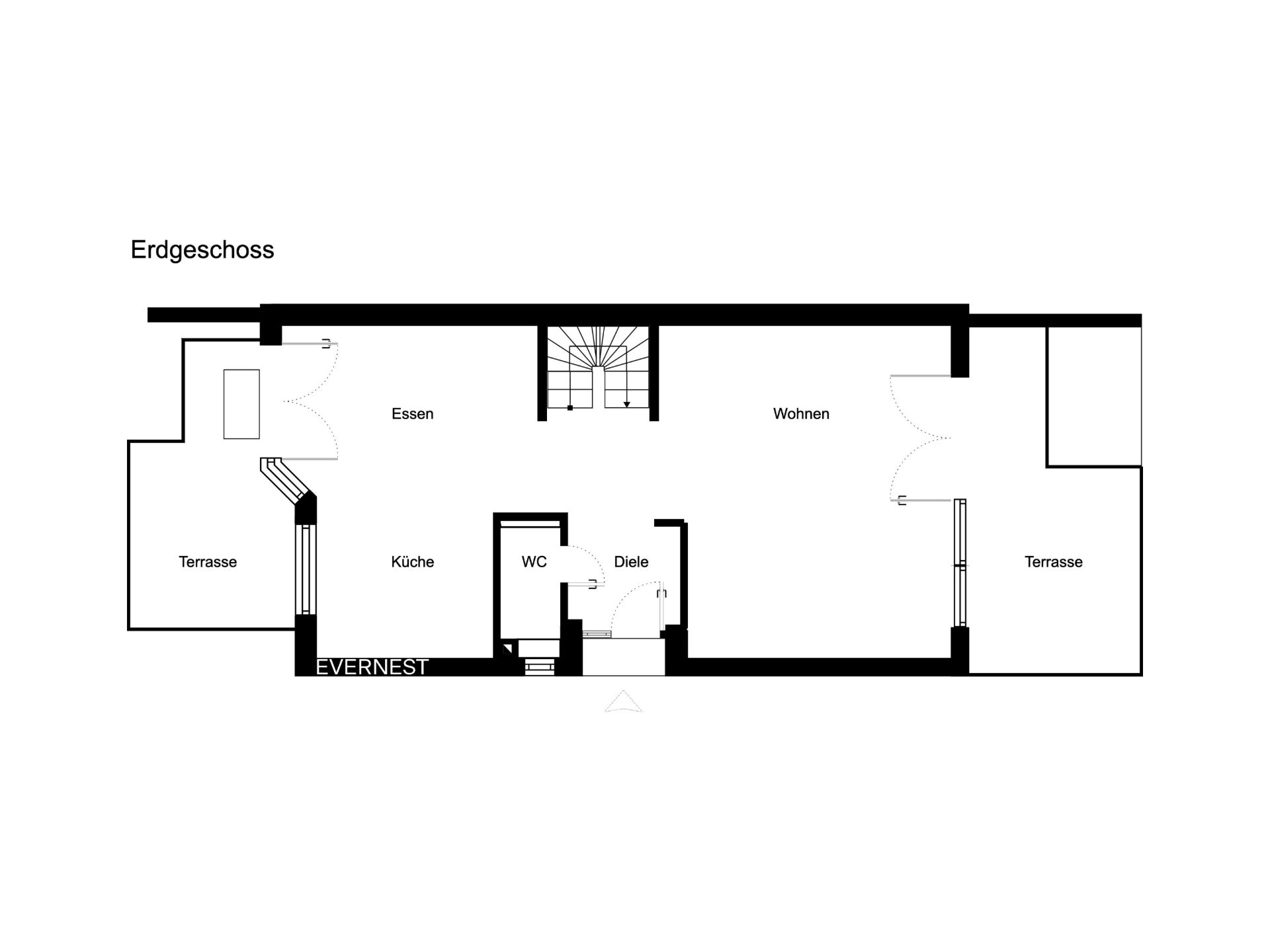 Grundriss des Erdgeschosses mit Küche, WC, Diele, Essbereich, Wohnzimmer und zwei Terrassen.