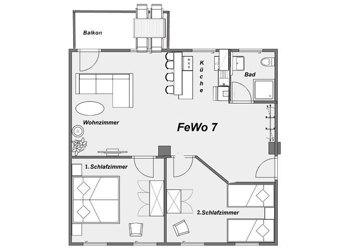 Grundriss einer Wohnung mit Balkon, Wohnzimmer, Küche, Bad und zwei Schlafzimmern.
