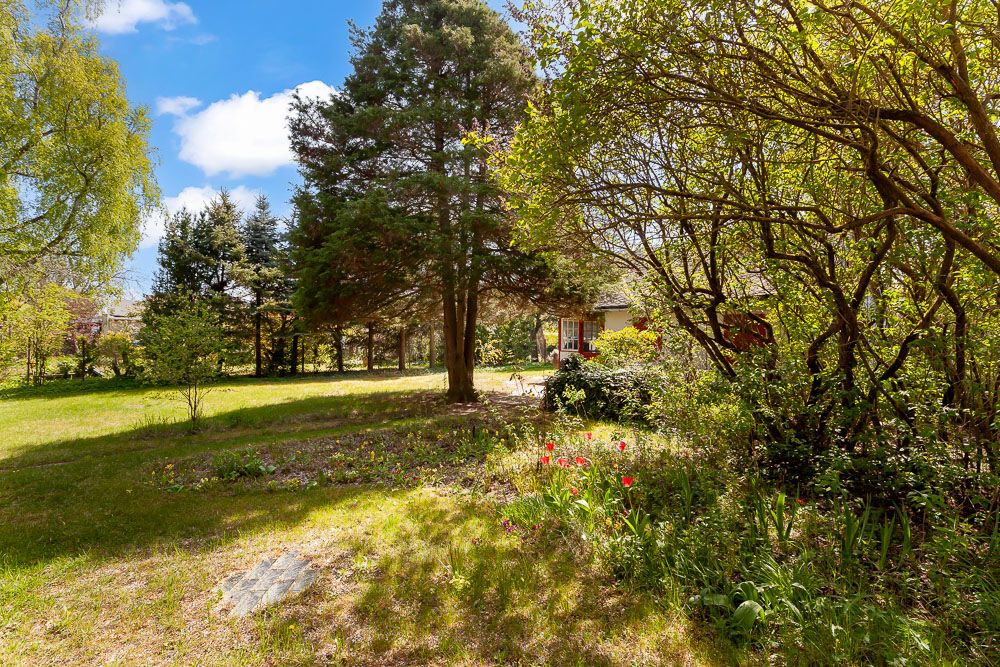 Großer Garten mit Bäumen, Wiese, Blumenbeet und Haus im Hintergrund bei sonnigem Wetter.