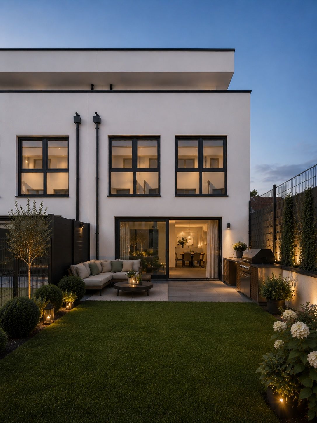 Moderner Garten mit Terrasse, Sitzgruppe und großen Fenstern an einem Wohnhaus bei Abenddämmerung.