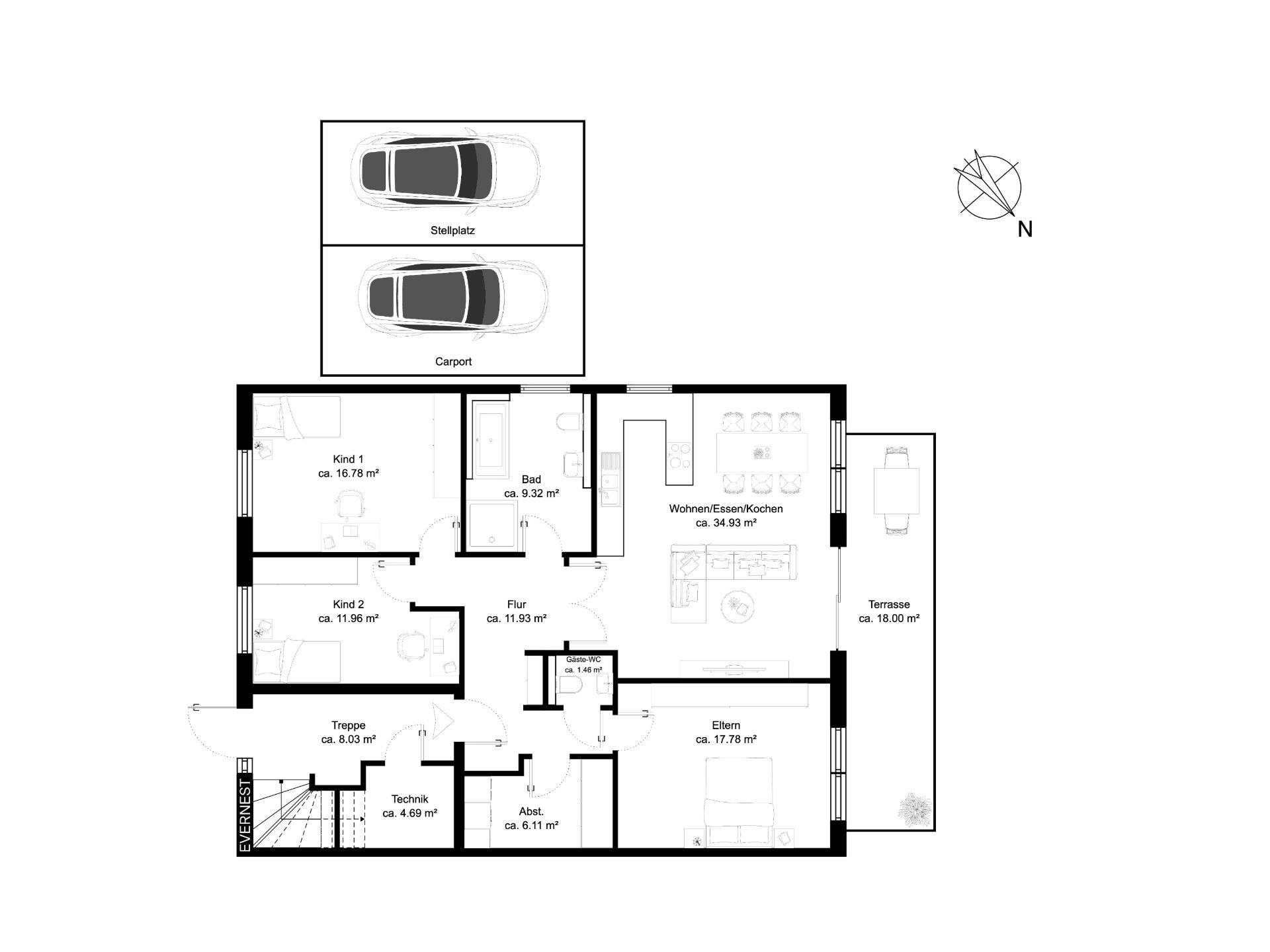 Grundriss eines Hauses mit zwei Schlafzimmern, Bad, Wohnbereich, Terrasse und Carport.