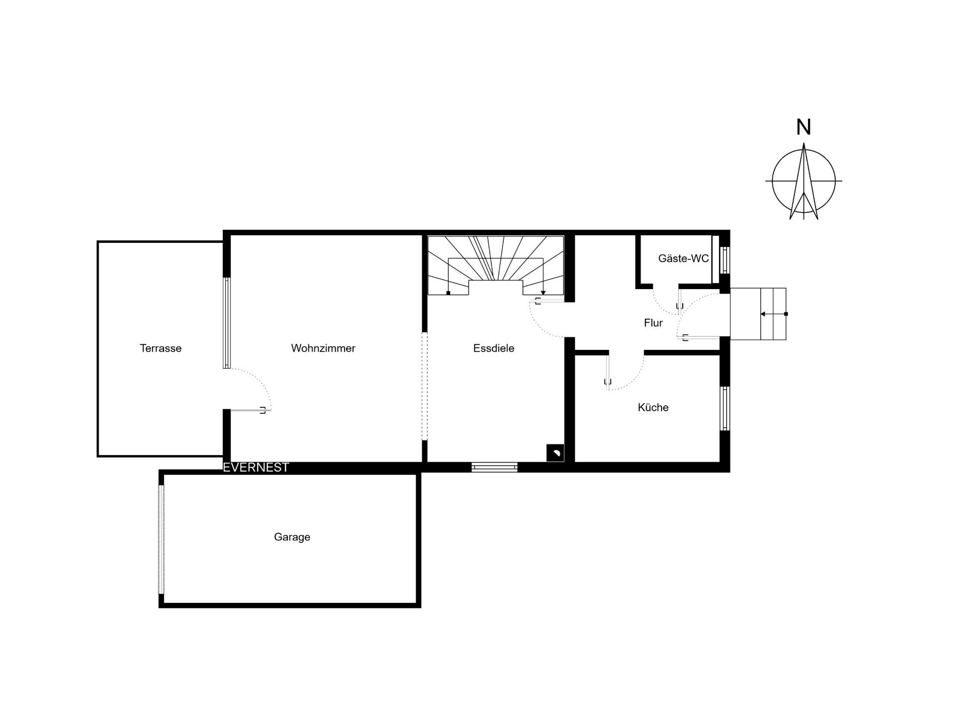 Grundriss mit Wohnzimmer, Essdiele, Küche, Gäste-WC, Flur, Terrasse und Garage.