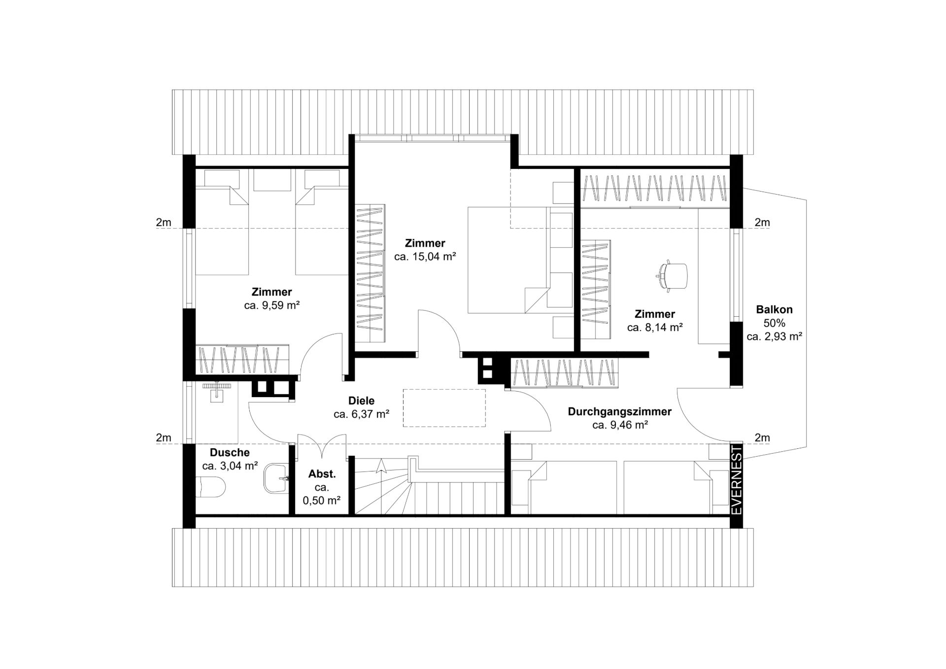 Grundriss mit drei Zimmern, Dusche, Diele, Abstellraum, Durchgangszimmer und Balkon.