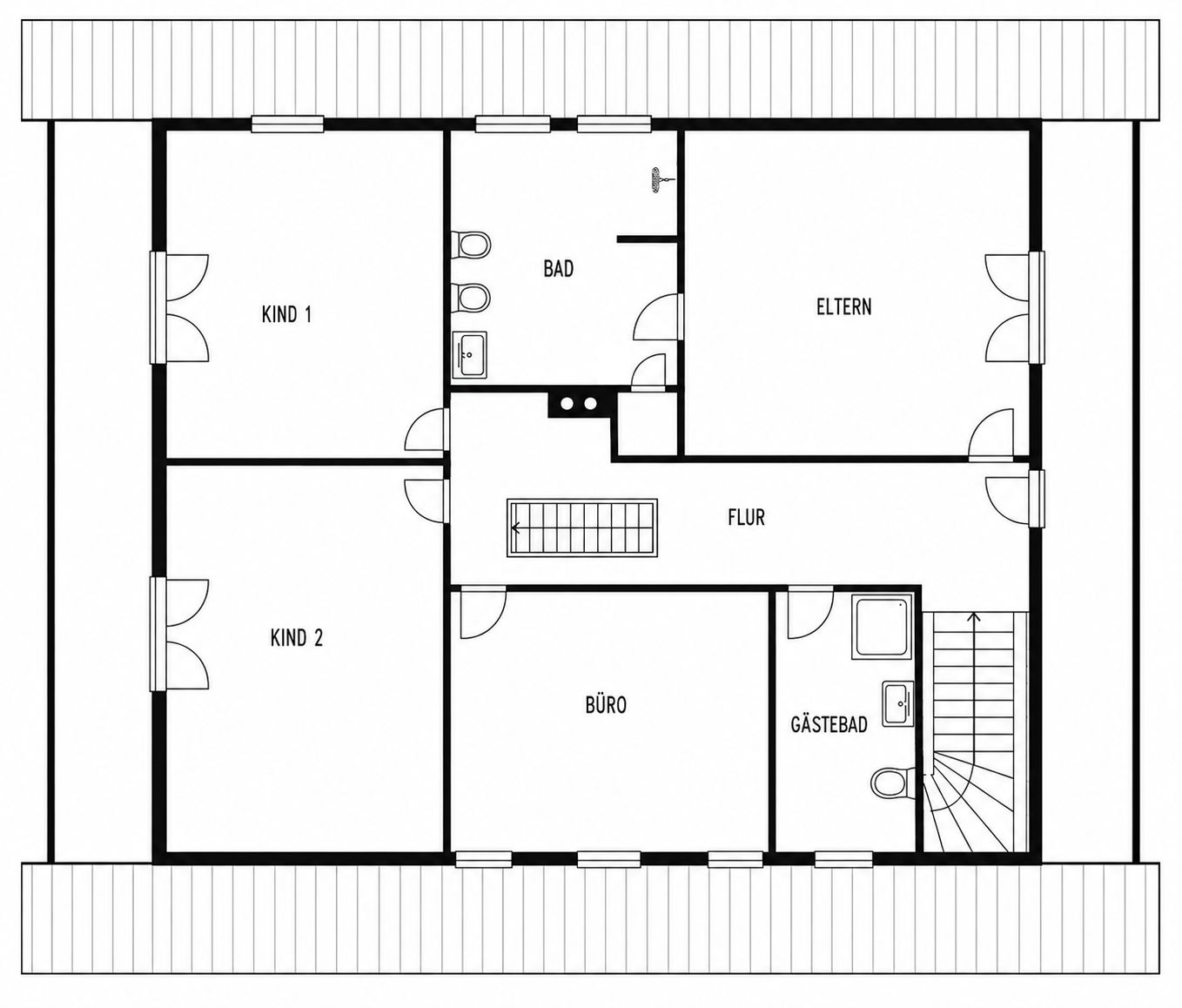 Grundriss mit zwei Kinderzimmern, Elternschlafzimmer, Büro, Bad, Gästebad, Flur und Treppe.