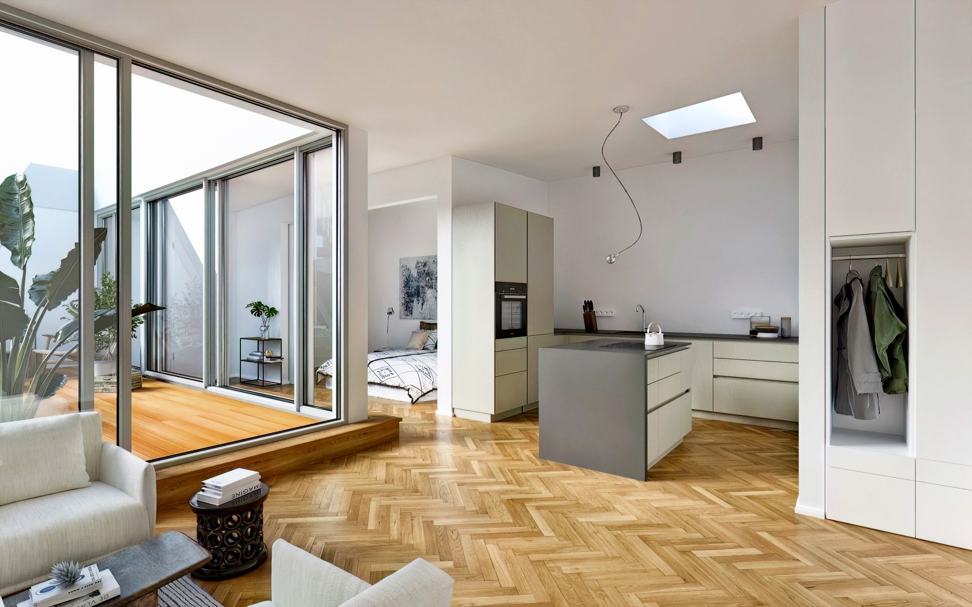 Moderne offene Wohnung mit Küche, Wohnzimmer, Schlafzimmer und großem Fenster zum Balkon.