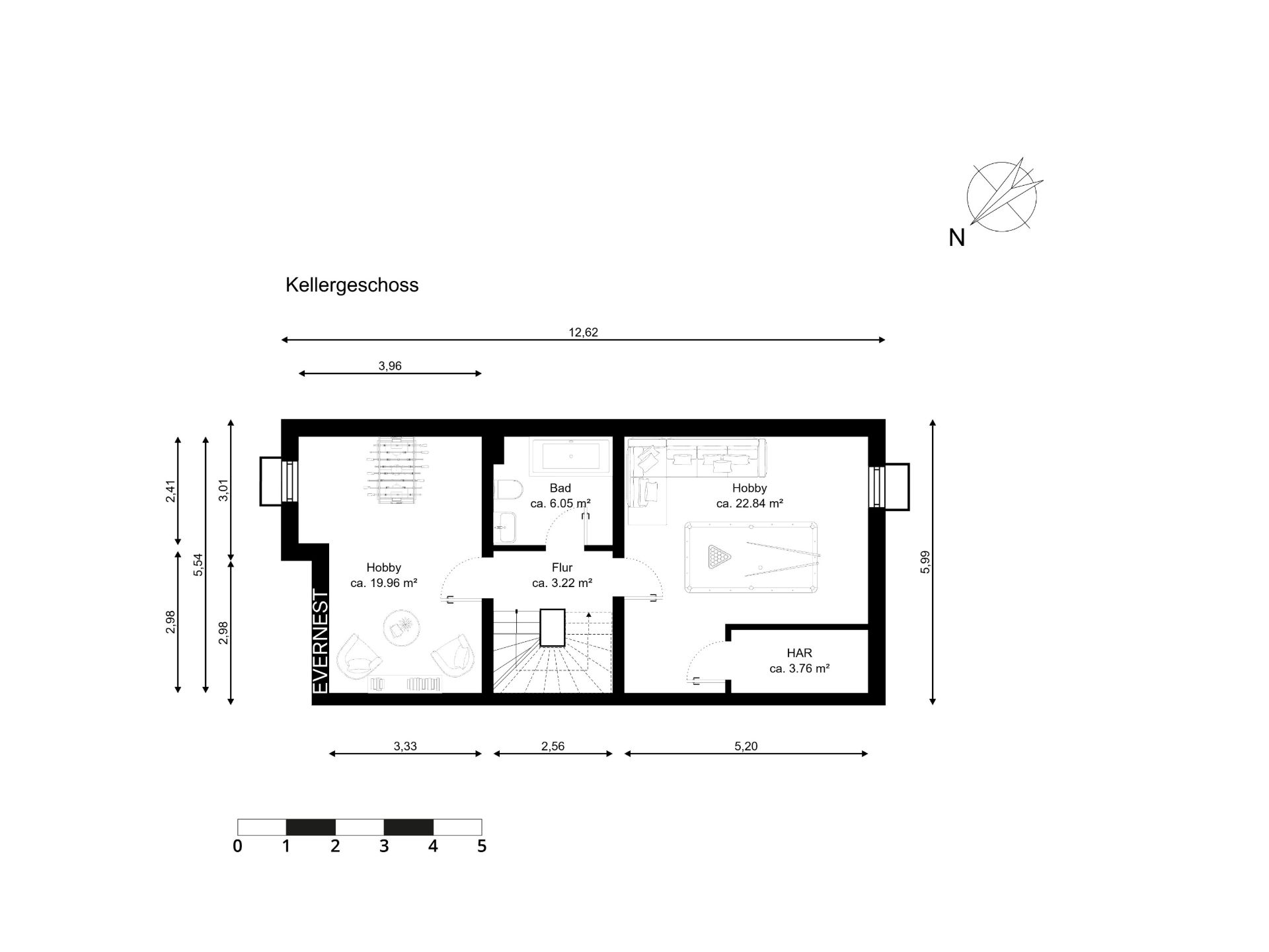 Grundriss eines Kellers mit zwei Hobbyräumen, Bad, Flur und Hauswirtschaftsraum.