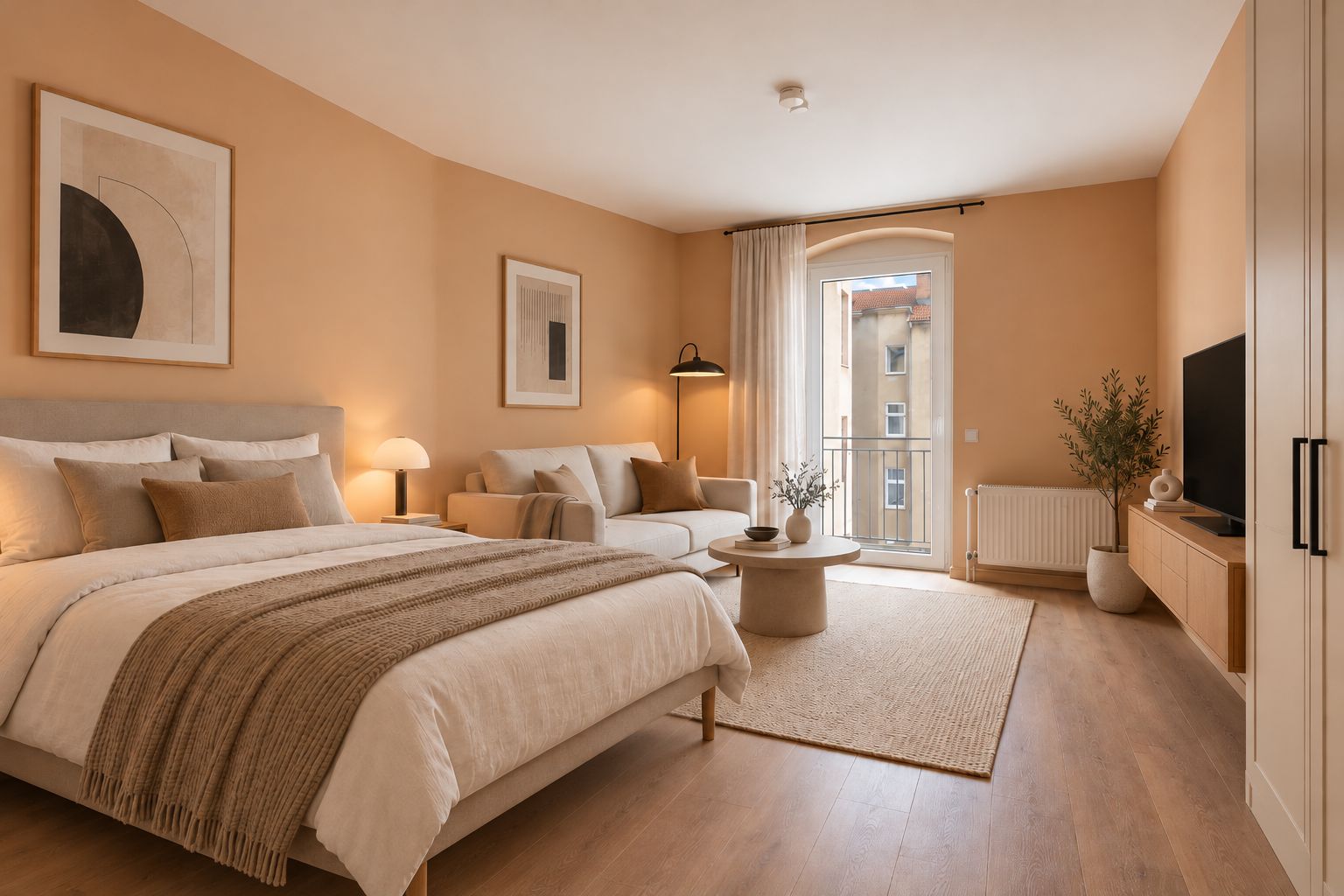 Helles Schlafzimmer mit Doppelbett, Sofa, Fernseher, Teppich und großem Fenster.