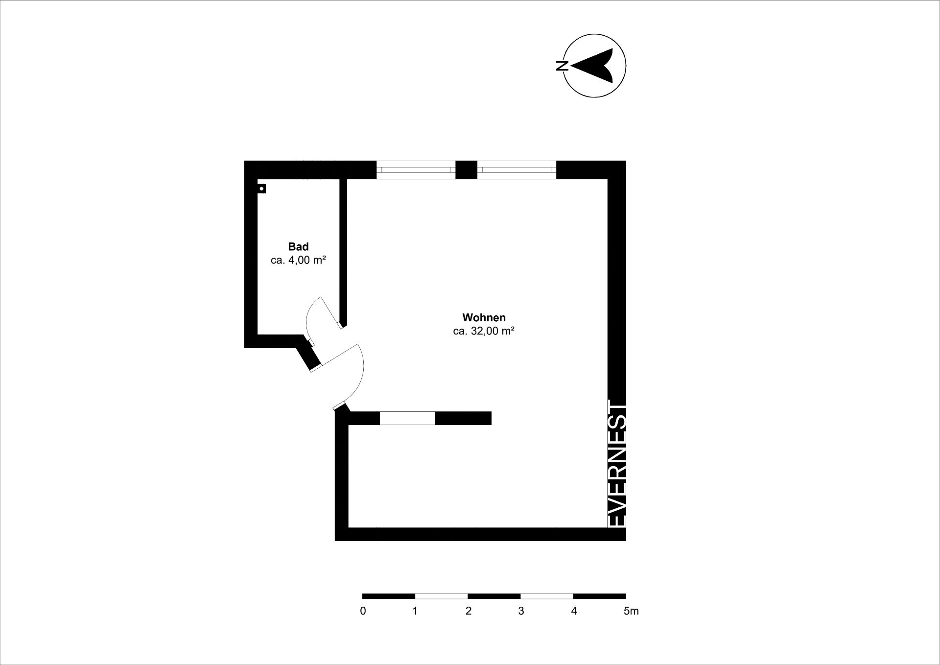 Wohnungsgrundriss mit Wohnzimmer und Bad, Flächen sind in Quadratmetern angegeben.